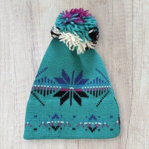 NEW Smiley 100% Wool Pom Beanie Green Fair Isle Knit Winter Hat Made in USA